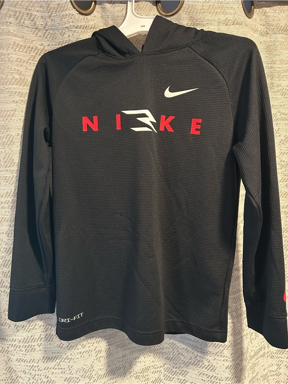Youth Nike Black Crewneck Dri-FIT Sweatshirt with Red and White Logos